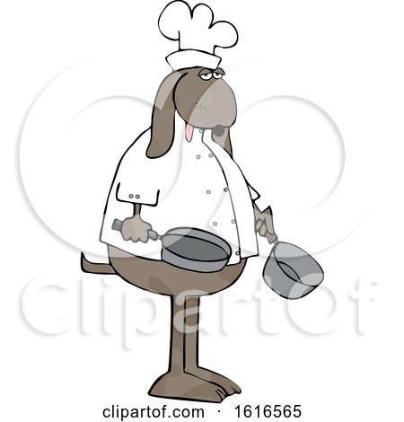 Clipart of a Cartoon Dog Chef Holding a Pot and Frying Pan - Royalty Free Vector Illustration by djart