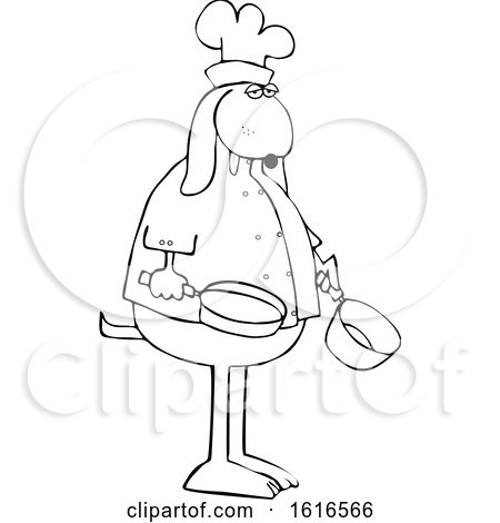Clipart of a Cartoon Lineart Dog Chef Holding a Pot and Frying Pan - Royalty Free Vector Illustration by djart