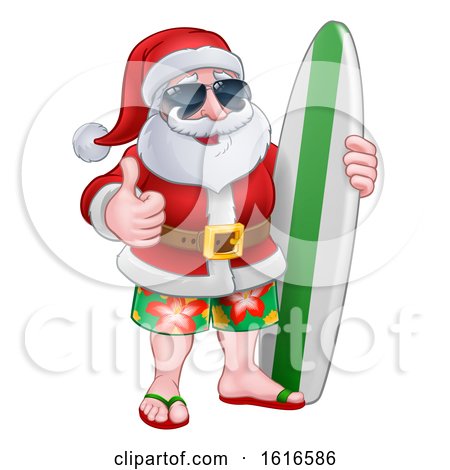 Christmas Santa Claus Wearing Sunglasses and Holding a Surf Board by AtStockIllustration