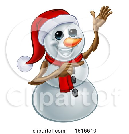Waving Snowman Wearing a Santa Hat by AtStockIllustration
