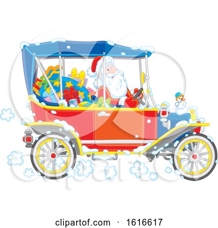 Clipart of Asnta Driving a Convertible Antique Car - Royalty Free Vector Illustration by Alex Bannykh