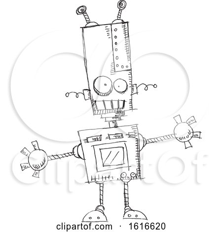 Clipart of a Black and White Sketched Robot - Royalty Free Vector Illustration by yayayoyo