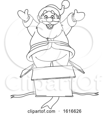 Clipart of a Black and White Santa Popping out of a Surprise Box - Royalty Free Vector Illustration by yayayoyo