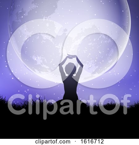 Female in Yoga Pose Against a Moonlit Sky by KJ Pargeter