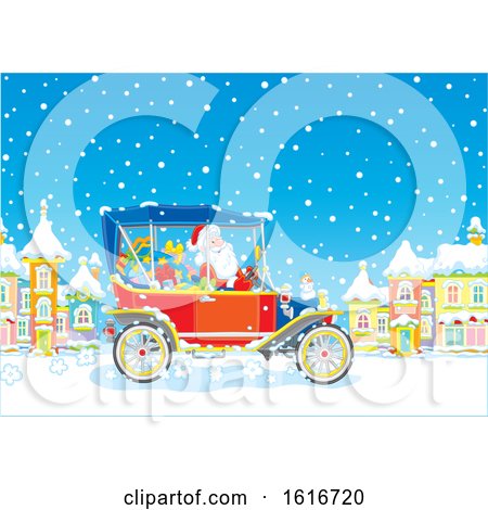 Clipart of Santa Driving a Convertible Antique Car in the Snow - Royalty Free Vector Illustration by Alex Bannykh