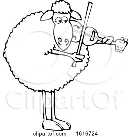 Clipart of a Cartoon Lineart Sheep Playing a Violin - Royalty Free Vector Illustration by djart