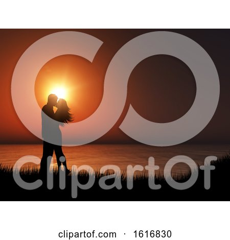 3D Silhouette of a Couple Kissing Against a Sunset Ocean Landscape by KJ Pargeter