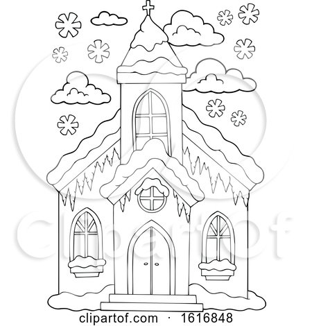 Clipart of a Black and White Winter Church - Royalty Free Vector Illustration by visekart