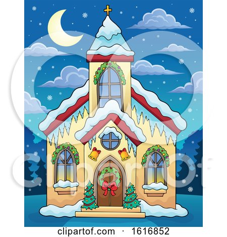 Clipart of a Christmas Church at Night - Royalty Free Vector Illustration by visekart