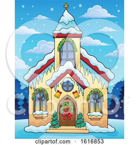 Clipart of a Christmas Church During the Day - Royalty Free Vector Illustration by visekart