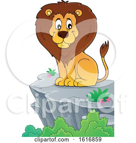 Clipart of a Sitting Male Lion on a Cliff - Royalty Free Vector Illustration by visekart