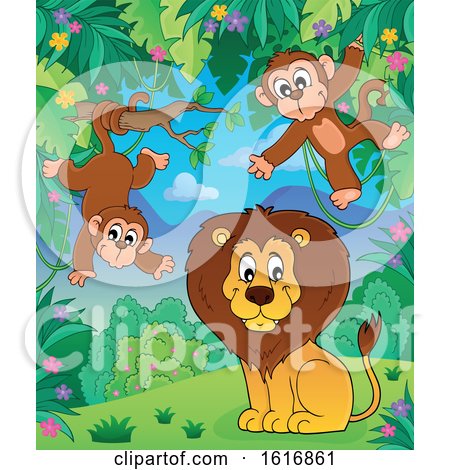 Clipart of a Lion and Monkeys - Royalty Free Vector Illustration by visekart