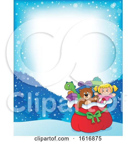 Clipart of a Border with a Christmas Sack of Gifts and Toys - Royalty Free Vector Illustration by visekart
