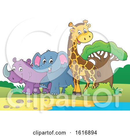 Clipart of a Giraffe Elephant and Rhinoceros - Royalty Free Vector Illustration by visekart