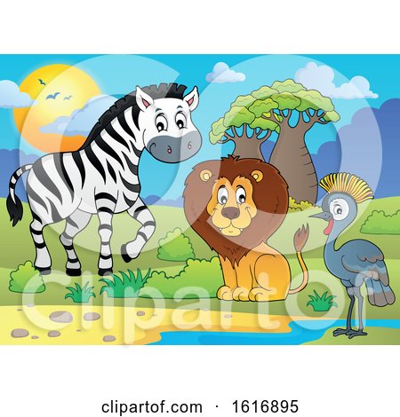 Clipart of a Lion Zebra and Grey Crowned Crane - Royalty Free Vector Illustration by visekart