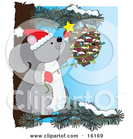 Cute Gray Squirrel Wearing A Santa Hat And Mittens, Sitting On A Pine Tree Branch And Decorating A Pinecone With Christmas Lights And A Star Posters, Art Prints
