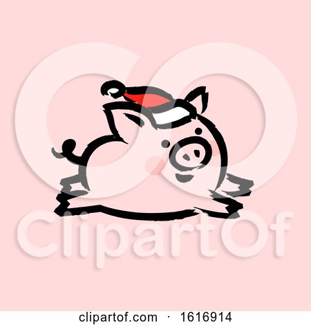 Clipart of a Running Christmas Pig Wearing a Santa Hat on Pink - Royalty Free Vector Illustration by elena