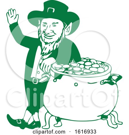 Green Leprechaun Standing by Pot of Gold Drawing by patrimonio