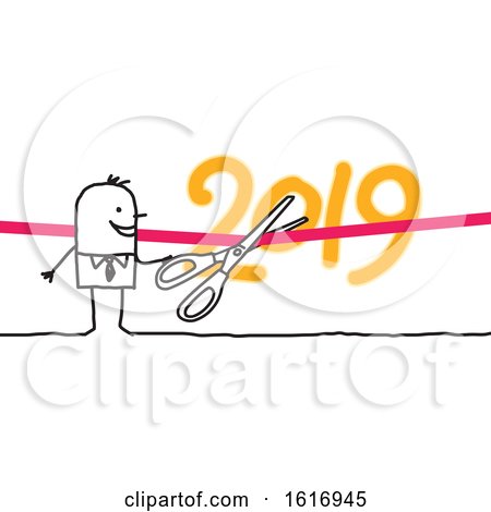 Clipart of a Stick Business Man Cutting a Ribbon to 2019 - Royalty Free Vector Illustration by NL shop