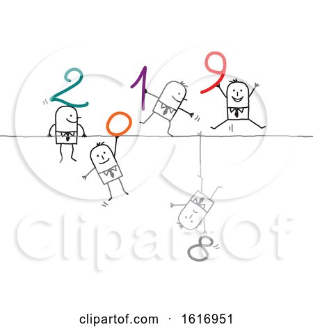 Clipart of Stick Business Men Holding 2019 Numbers and One Hanging Upside down with an 8 - Royalty Free Vector Illustration by NL shop