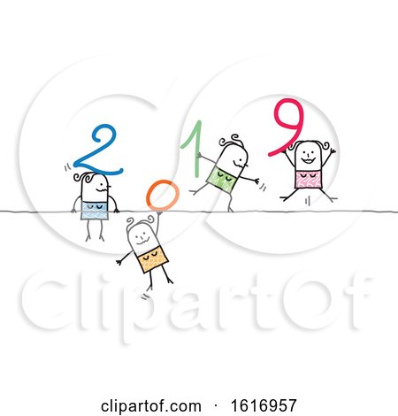 Clipart of Stick Women Holding New Year 2019 Numbers - Royalty Free Vector Illustration by NL shop