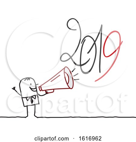 Clipart of a Stick Business Man Shouting 2019 with a Megaphone - Royalty Free Vector Illustration by NL shop