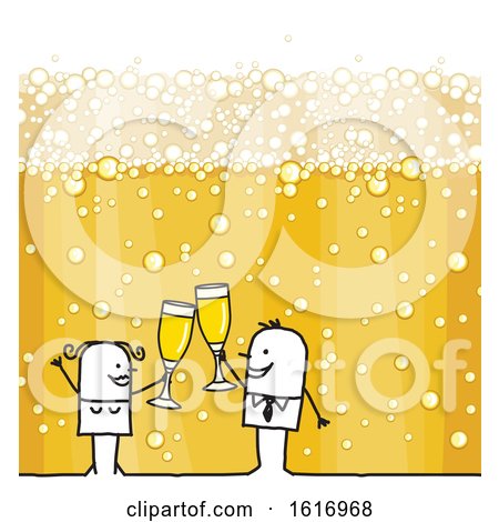 Clipart of a Stick Couple Holding Champagne Glasses over Bubbles - Royalty Free Vector Illustration by NL shop
