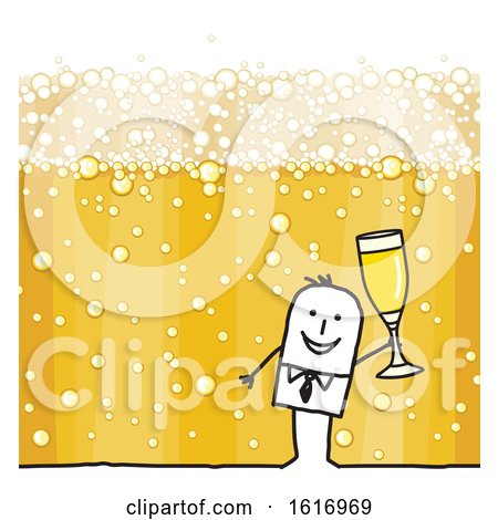 Clipart of a Stick Man Holding a Champagne Glass over Bubbles - Royalty Free Vector Illustration by NL shop