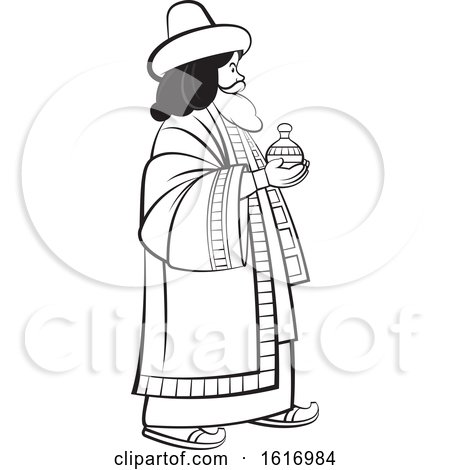 Clipart of a Grayscale Wise Man Holding a Gift - Royalty Free Vector Illustration by Lal Perera