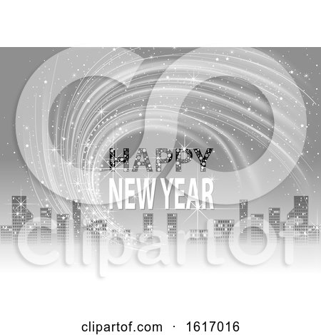 Clipart of a Happy New Year Greeting over a City - Royalty Free Vector Illustration by dero