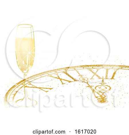 Clipart of a New Year Background with a Champagne Glass and Clock - Royalty Free Vector Illustration by dero