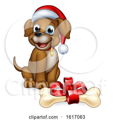 Pet Dog in Christmas Santa Claus Hat and Gift Bone by AtStockIllustration