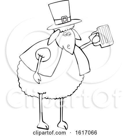 Clipart of a Cartoon Lineart Sheep Holding a Beer Mug - Royalty Free Vector Illustration by djart
