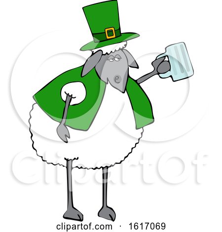 Clipart of a Cartoon Sheep Dressed in Green and Holding a Beer Mug - Royalty Free Vector Illustration by djart