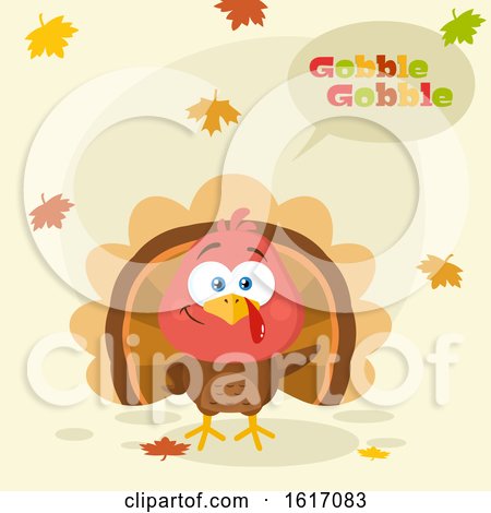 Clipart of a Cute Little Turkey Bird Saying Gobble Gobble with Falling Leaves - Royalty Free Vector Illustration by Hit Toon