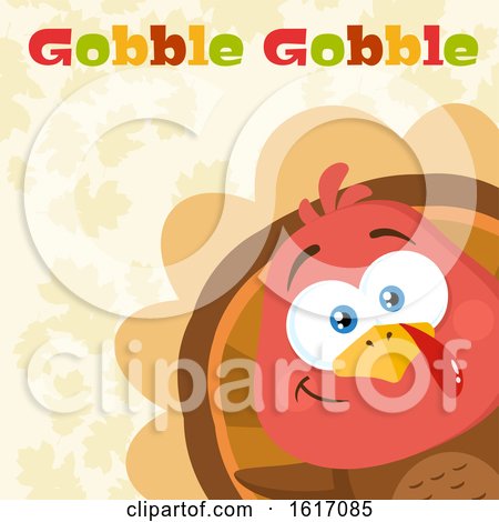 Clipart of a Cute Little Turkey Bird Peeking Around a Corner over Leaves with Gobble Gobble Text - Royalty Free Vector Illustration by Hit Toon