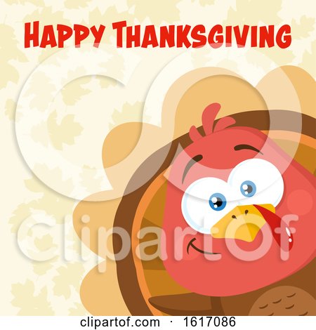 Clipart of a Cute Little Turkey Bird Peeking Around a Corner over Leaves with Happy Thanksgiving Text - Royalty Free Vector Illustration by Hit Toon