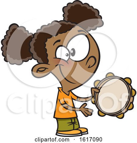 Clipart of a Cartoon Black Girl Playing a Tambourine - Royalty Free Vector Illustration by toonaday
