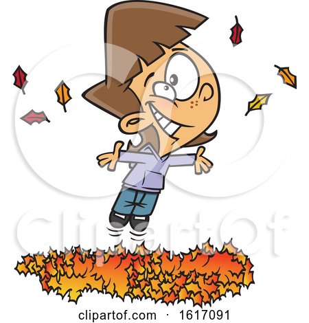 Clipart of a Cartoon White Girl Playing in a Pile of Autumn Leaves - Royalty Free Vector Illustration by toonaday