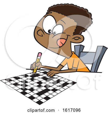 Clipart of a Cartoon Black Boy Doing a Crossword Puzzle - Royalty Free Vector Illustration by toonaday