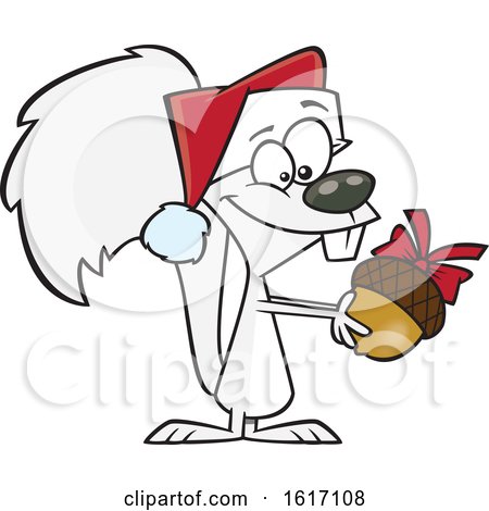 Clipart of a Cartoon White Christmas Squirrel Holding an Acorn - Royalty Free Vector Illustration by toonaday