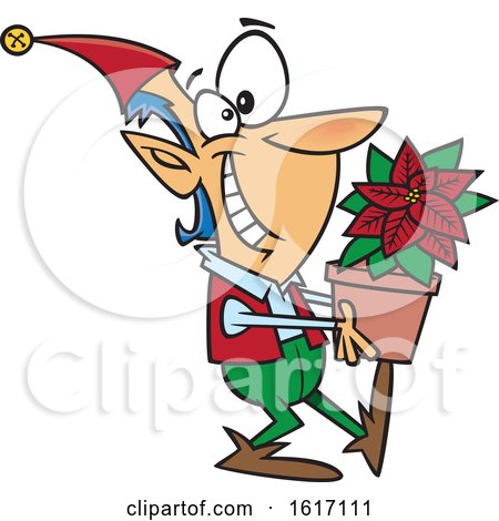 Clipart of a Cartoon Christmas Elf Holding a Poinsettia Plant - Royalty Free Vector Illustration by toonaday