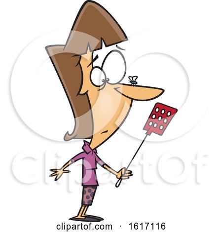 Clipart of a Cartoon White Woman Holding a Swatter and Looking at a Fly on Her Nose - Royalty Free Vector Illustration by toonaday