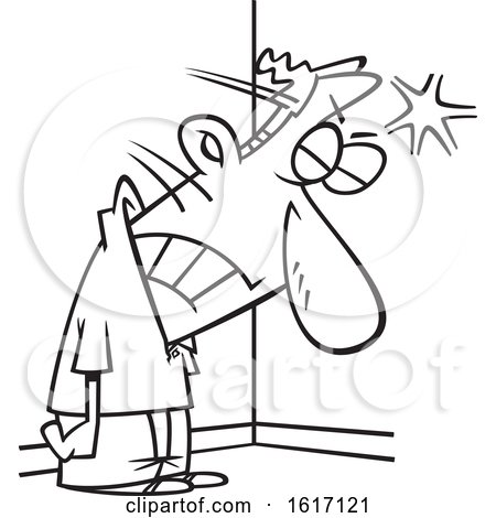 Clipart of a Cartoon Black and White Frustrated Man Banging His Head Against a Wall - Royalty Free Vector Illustration by toonaday