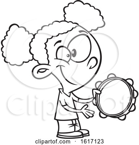 Clipart of a Cartoon Black and White Black Girl Playing a Tambourine - Royalty Free Vector Illustration by toonaday