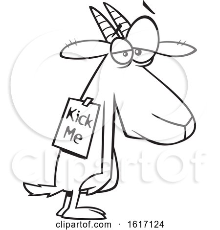 Clipart of a Cartoon Black and White Depressed Bullied Goat Wearing a Kick Me Sign - Royalty Free Vector Illustration by toonaday