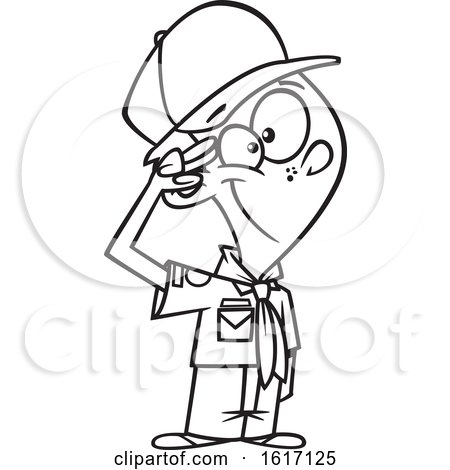 Clipart of a Cartoon Black and White Scout Boy Saluting - Royalty Free Vector Illustration by toonaday