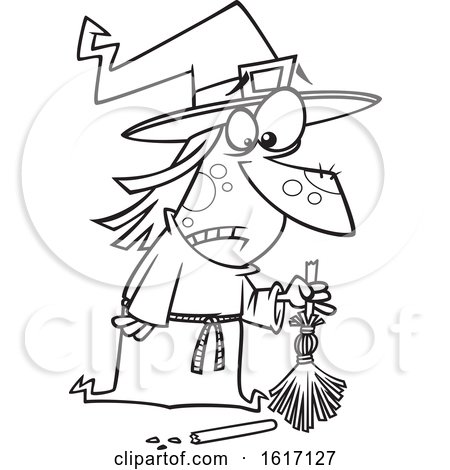 Clipart of a Cartoon Black and White Witch with a Broken Broom - Royalty Free Vector Illustration by toonaday