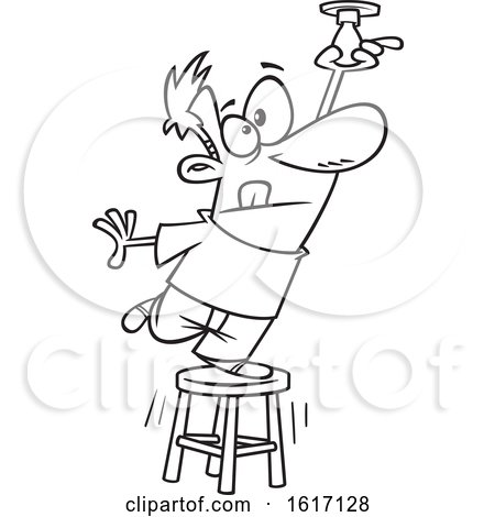 Clipart of a Cartoon Black and White Man Balancing on a Stool to Change a Light Bulb - Royalty Free Vector Illustration by toonaday