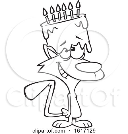 Clipart of a Cartoon Black and White Happy Cat with a Birthday Cake on His Head - Royalty Free Vector Illustration by toonaday